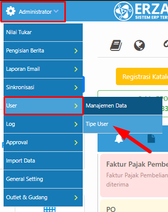 Menu Tipe User di Administrator Erzap