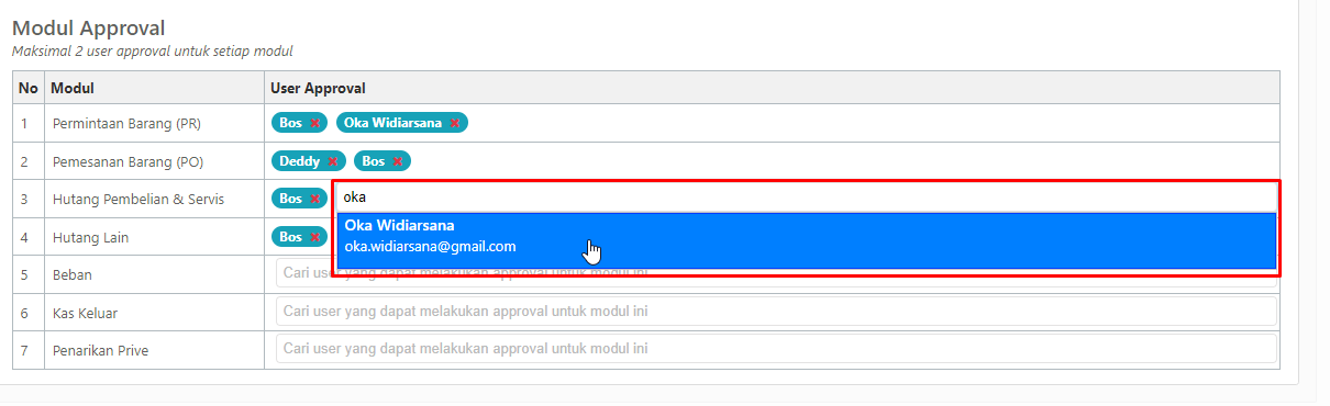 Pengaturan User Approval per Modul