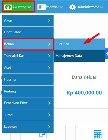 Menu Akunting untuk membuat beban baru