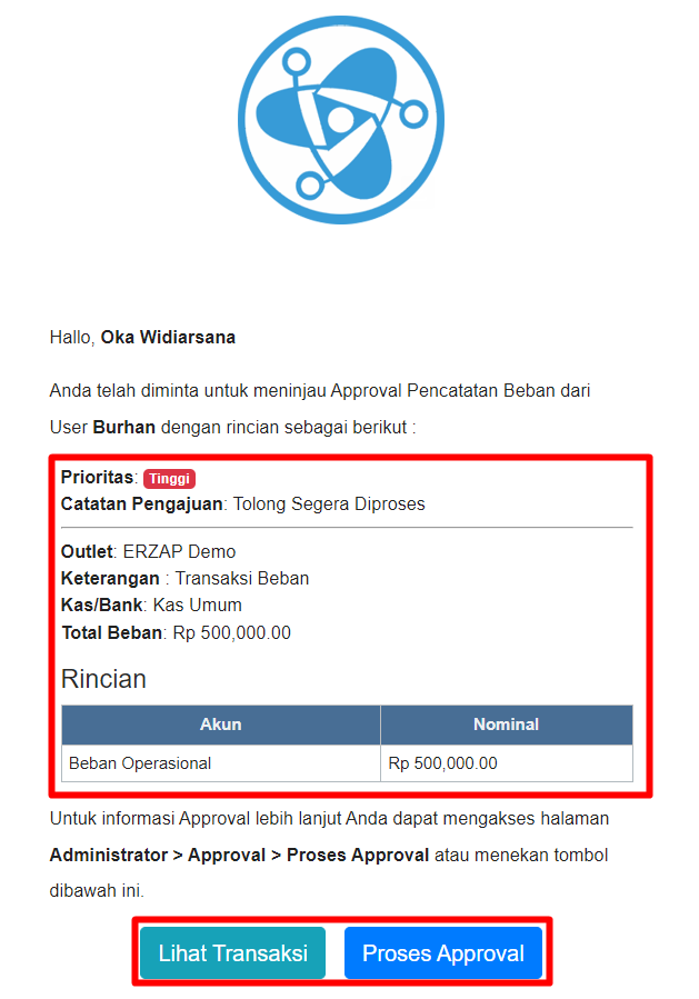 Email approval dengan tombol lihat transaksi dan proses approval