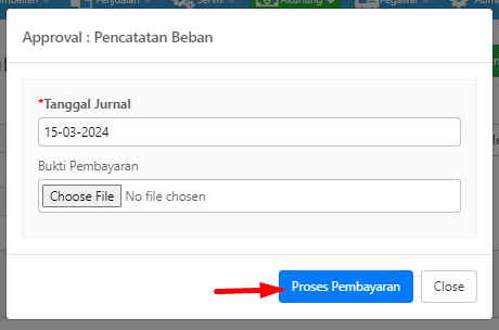 Pop-up proses pembayaran dengan pilihan tanggal jurnal