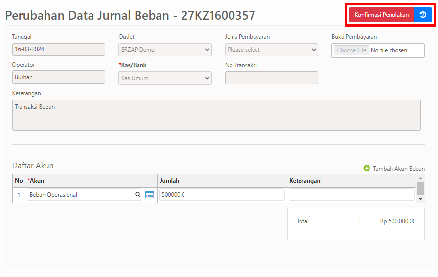 Halaman perubahan data jurnal beban dengan tombol konfirmasi penolakan