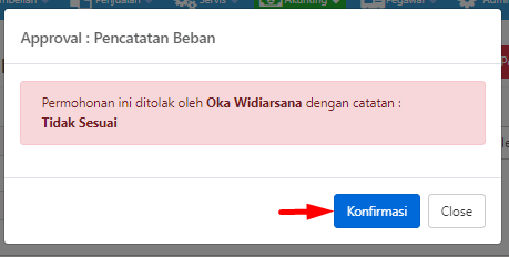Pop-up konfirmasi penolakan dengan informasi approver dan catatan