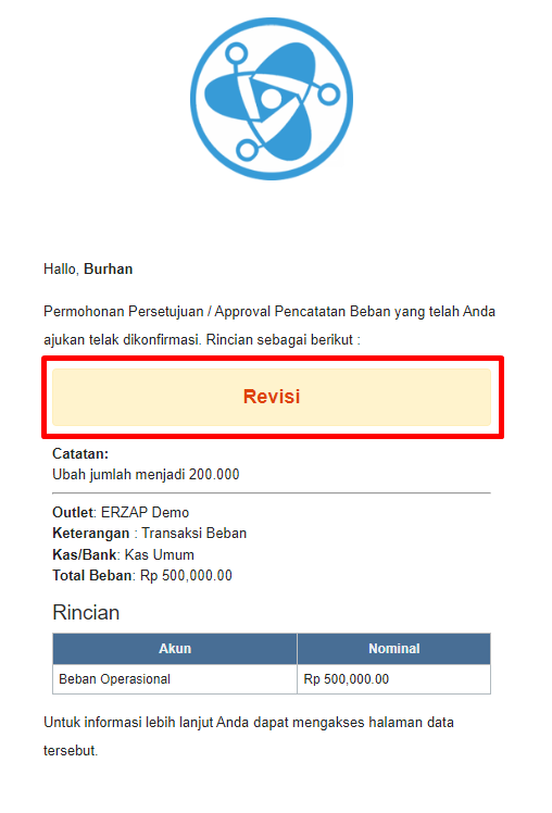 Email notifikasi revisi approval