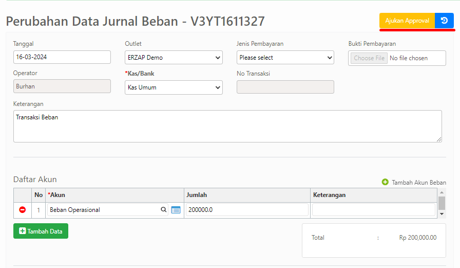 Tombol ajukan approval untuk pengajuan ulang setelah revisi