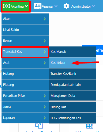 Menu navigasi Kas Keluar di ERZAP ERP