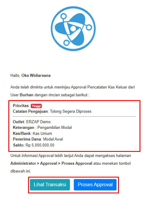 Email dengan opsi Lihat Transaksi dan Proses Approval