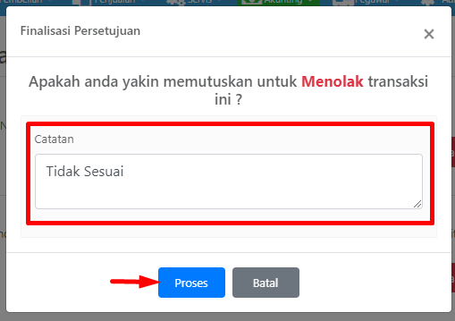 Pop-up Finalisasi Persetujuan untuk penolakan