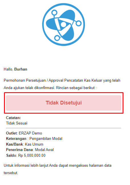Email notifikasi approval ditolak