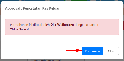 Pop-up Konfirmasi Penolakan dengan catatan Approver