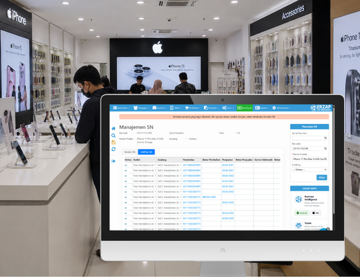 Tampilan dasbor Erzap ERP untuk toko elektronik — menampilkan daftar produk dengan serial number, status servis, dan ringkasan penjualan hari ini.