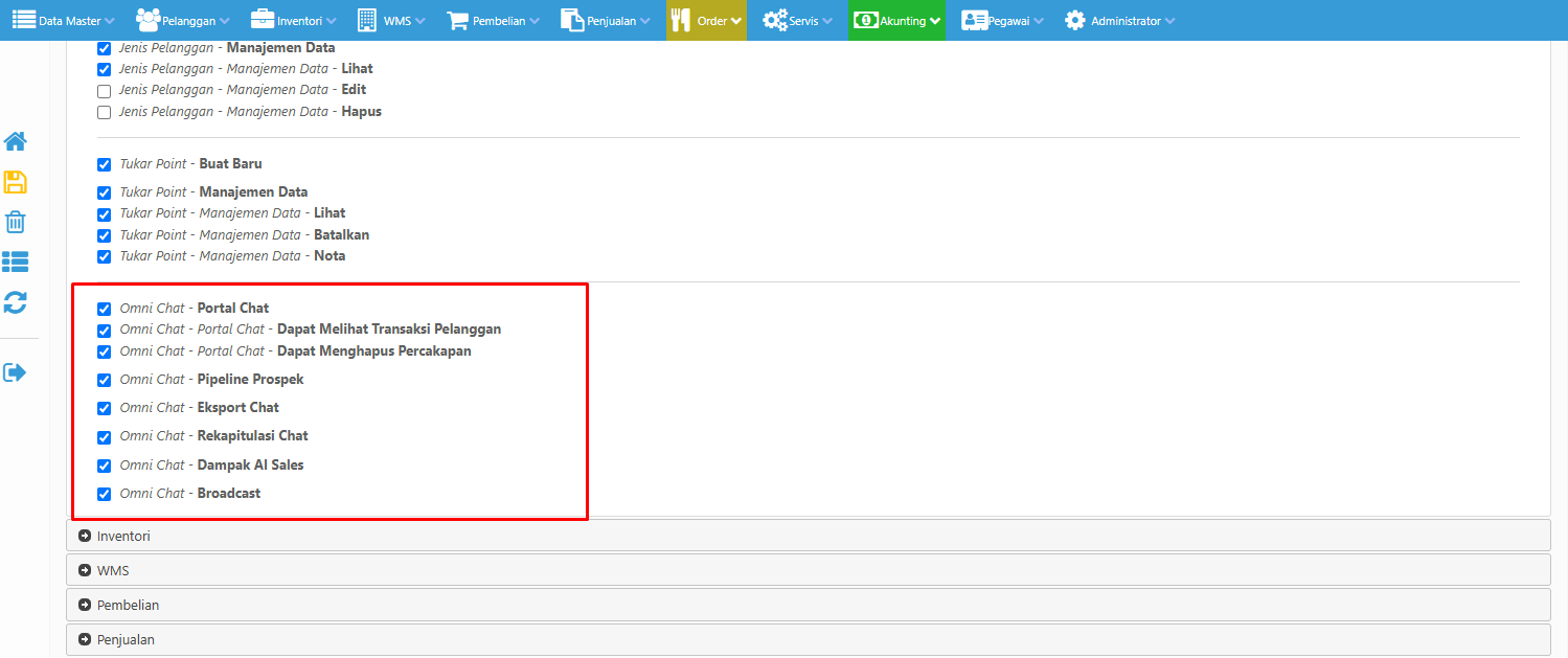 Hak akses Omni Chat di Tipe User Erzap