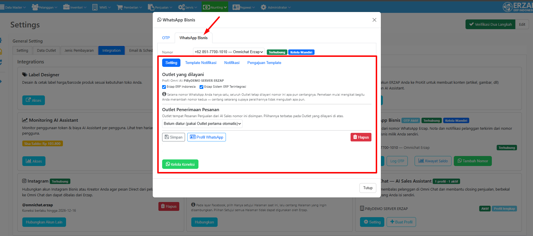 Setting Outlet yang dilayani nomor WhatsApp Bisnis