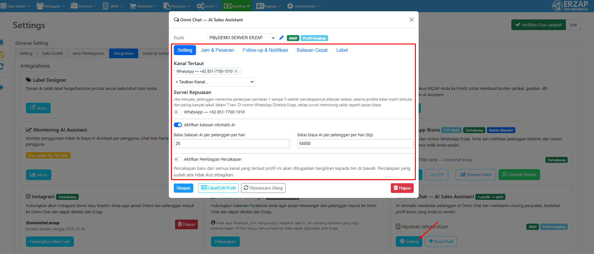 Setting AI Sales Assistant Omni Chat Erzap