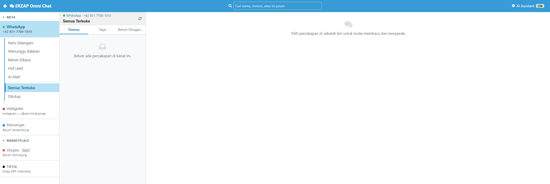 Kolom kanal dan kotak masuk Portal Chat